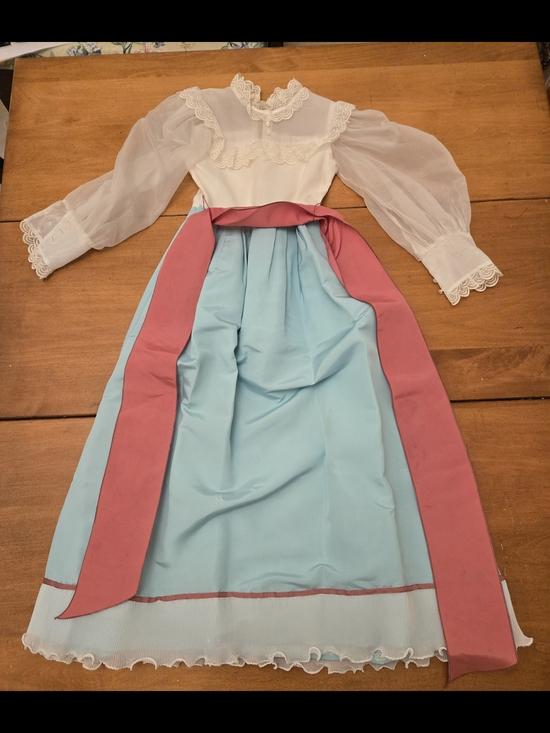 Dorissa Other - Vintage-inspired White Sheer Sleeve Dress with Blue Skirt and Pink Sash